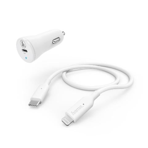 Das HandyOase Hama 18W Turbo Fast KFZ Ladeset (Weiß) USB-C-LIGHTNING umfasst ein USB-Autoladegerät und ein Kabel mit USB-C- und Lightning-Anschlüssen für schnelles Laden unterwegs.