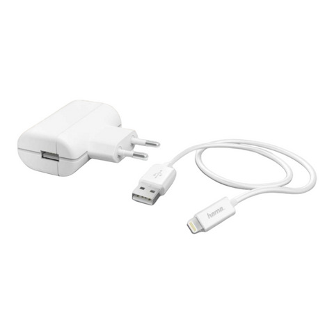 Das HandyOase Hama 12W Fast Ladeset (Weiß) enthält ein USB-A-LIGHTNING-Kabel (1,0 m) und eignet sich perfekt zum Aufladen Ihrer Apple-Geräte mit zuverlässiger zweipoliger Hochgeschwindigkeitsleistung.