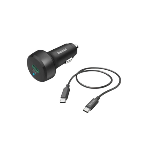 Das HandyOase Hama 25W KFZ-Ladeset in Schwarz enthält ein 1 m langes USB-C-auf-USB-C-Kabel, ideal zum Laden Ihres iPhone 15 oder Samsung-Geräts. Ladegerät und Kabel sind auf weißem Hintergrund abgebildet.