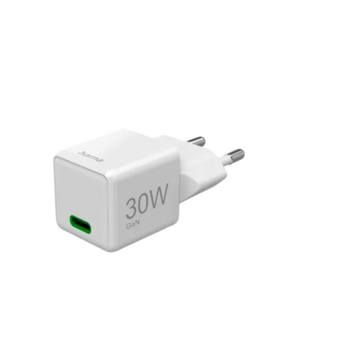 Das HandyOase Hama 30W Schnellladegerät (Weiß) USB-C ist ein kompaktes GaN-Ladegerät mit grünem USB-Port, zwei runden Steckern – perfekt für schnelles Aufladen am Schreibtisch.