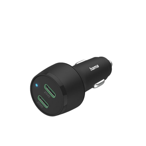 Das HandyOase Hama 45W Kfz-Ladegerät (Schwarz) verfügt über zwei USB-C-Anschlüsse (25 W und 20 W) und eine kleine blaue Kontrollleuchte.