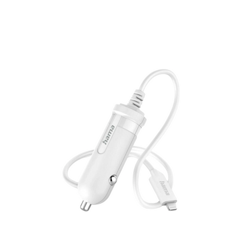 Das HandyOase Hama 5W Kfz-Ladegerät mit 1m Lightning-Kabel in Weiß ist vor weißem Hintergrund abgebildet – ideal für schnelles Laden unterwegs.