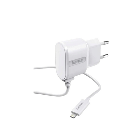 Das HandyOase Hama 5W Ladegerät mit 1m Lightning-Kabel (Weiß) und EU-Stecker wird vor weißem Hintergrund präsentiert – alles zu einem unschlagbaren Preis.