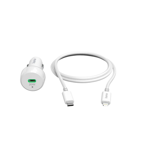 Das HandyOase Hama 20W Turbo Fast KFZ Ladeset (Weiß) enthält ein USB-C-Autoladegerät und USB-C-zu-Lightning-Kabel für schnelles Laden – perfekt für unterwegs.