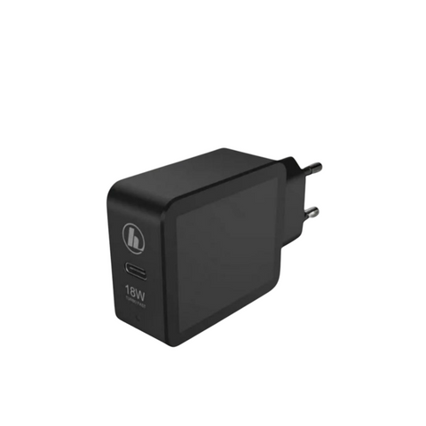 Genießen Sie schnelles Aufladen mit dem HandyOase Hama 18W Ladegerät (Schwarz) – einem eleganten USB-Wandladegerät mit zwei runden Stiften und einem einzelnen USB-C-Anschluss für effiziente Stromversorgung unterwegs.