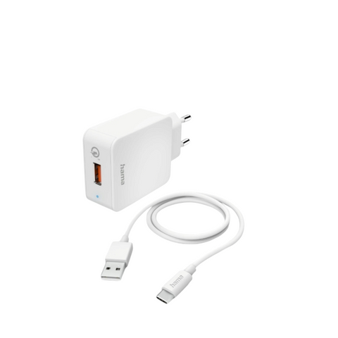 Das weiße Hama Ladegerät 19,5 Watt mit 1,5m Ladekabel C von HandyOase, ideal für das Laden von Samsung Handys, liegt mit passendem USB-A auf USB-C Kabel auf schlichtem Hintergrund.