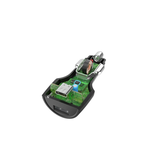 Ein Ausschnitt des HandyOase Hama 42W Turbo Fast Ladeset (Schwarz) USB-A-LIGHTNING/USB-C-LIGHTNING zeigt interne Schaltkreise wie USB-Anschlüsse und Komponenten für schnelles Laden mit fortschrittlicher Turbo Fast-Technologie.