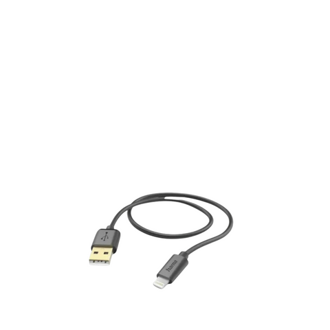 Ein schwarzes HandyOase Hama 42W Turbo Fast Ladeset (USB-A-LIGHTNING/USB-C-LIGHTNING) ist mit auf weißem Hintergrund sichtbaren Anschlüssen aufgewickelt, ideal für schnelles Laden.