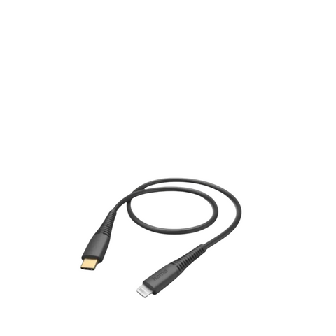 Auf einer weißen Oberfläche ist ein schwarzes USB-C-auf-Lightning-Kabel aufgewickelt, ideal zum Schnellladen mit dem HandyOase Hama 42W Turbo Fast Ladeset (Schwarz) USB-A-LIGHTNING/USB-C-LIGHTNING.