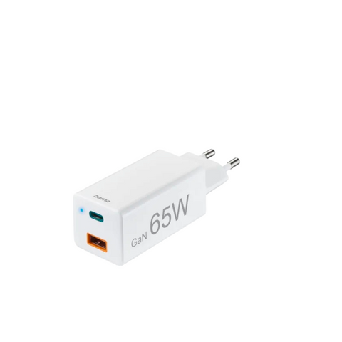 Das HandyOase Hama 65W Schnellladegerät (Weiß) ist ein GaN-USB-Wandladegerät mit zwei Stiften, einem USB-C-Power-Delivery-Anschluss, einem USB-A-Anschluss und einer LED-Anzeige.
