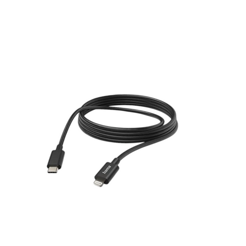 Ein Hama Schnellkade-/Datenkabel 3,0m (Schwarz) USB-C-LIGHTNING von HandyOase ist auf weißem Hintergrund aufgewickelt.
