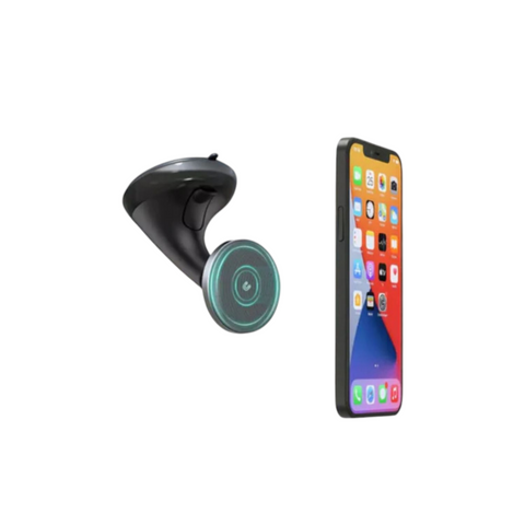 Eine schwarze HandyOase Hama Kfz-Halterung (Schwarz) mit Saugnapf und 360-Grad-Drehung ist neben einem iPhone 12 platziert, auf dem der Startbildschirm angezeigt wird, beide vor einem weißen Hintergrund.