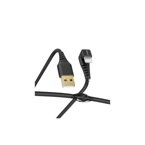 Das HandyOase Hama Lade-/Datenkabel Gamer 1,5m (Schwarz) USB-A-LIGHTNING mit schwarzem Geflechtdesign und rechtwinkligem Lightning-Anschluss ist auf weißem Hintergrund abgebildet.