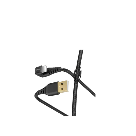 Das HandyOase Hama Lade-/Datenkabel Gamer 1,5 m (Schwarz) USB-A-LIGHTNING verfügt über ein schwarzes geflochtenes Design und abgewinkelte Anschlüsse, perfekt für Gaming-Enthusiasten; abgebildet auf weißem Hintergrund.
