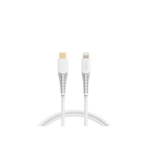 Das weiße HandyOase Hama Schnelllade-/Datenkabel 1,5m USB-C-LIGHTNING besitzt gut sichtbare Stecker an beiden Enden und eignet sich ideal zum schnellen Laden vor weißem Hintergrund.