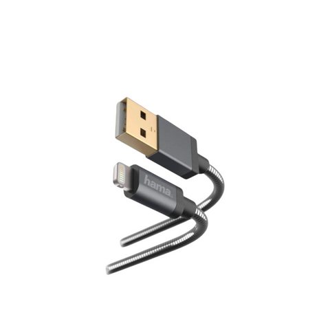 Das HandyOase Hama Lade-/Datenkabel Metal 1,5m (Anthrazit) USB-A-LIGHTNING bietet einen flexiblen Metallmantel und schnelles Laden sowie reibungslosen Datentransfer für deine Geräte.