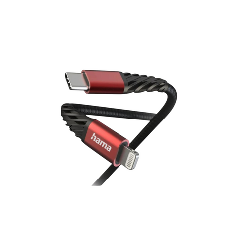 Das HandyOase Hama Schnelllade-/Datenkabel Extreme (1,5m, Schwarz/Rot) mit USB-C-LIGHTNING-Anschluss bietet schnelle Datenübertragung und robustes, geflochtenes Design.