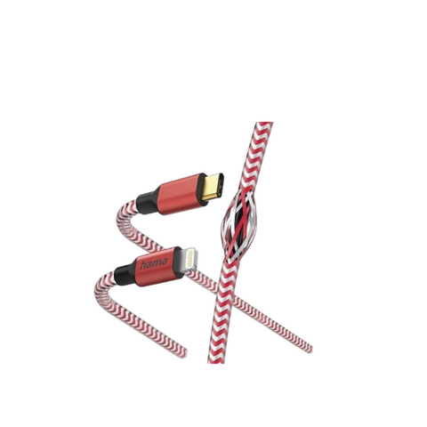 Das HandyOase Hama Schnelllade-/Datenkabel 1,5 m USB-C-LIGHTNING Reflective ist ein rotes geflochtenes Kabel mit verstärkter Konstruktion und einer reflektierenden Oberfläche für zusätzliche Haltbarkeit und Stil.