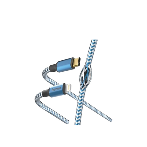 Das HandyOase Hama Schnelllade-/Datenkabel 1,5m USB-C-LIGHTNING Reflective ist ein blau-weiß geflochtenes Kabel mit reflektierender Oberfläche und detaillierter Verkabelung, ideal zum schnellen Laden und zur Datenübertragung.