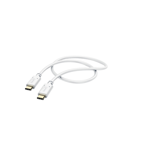 Das HandyOase Hama Schnellladekabel in Weiß (1,5 m) verfügt an beiden Enden über USB-C-Anschlüsse – ideal zum Laden von Geräten wie dem iPhone 15 mit USB-C-Anschluss.