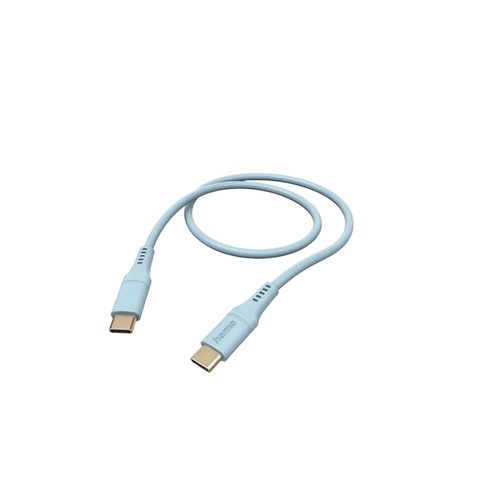 Das HandyOase Hama Schnellladekabel USB-C auf USB-C in Blau aus Silikon mit goldenen Steckern liegt auf weißem Hintergrund – ideal zum schnellen Laden von Samsung-Geräten.