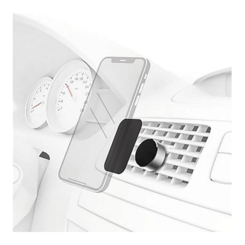 Abbildung eines Mobiltelefons auf dem HandyOase Hama Universal Kfz-Halterung (Schwarz) Lüftungsgitter, befestigt an einem Lüftungsgitter eines Autos mit Armaturenbrett und Zifferblättern im Hintergrund.