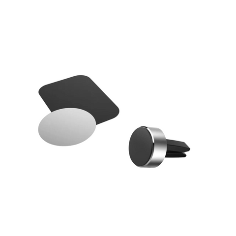 Die schwarze Hama Universal Kfz-Halterung von HandyOase zur Befestigung am Lüftungsgitter, inklusive rechteckiger und runder Metallplatte, eignet sich ideal für Ihr Smartphone. Auf weißem Hintergrund präsentiert.