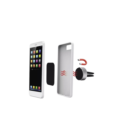 Eine Explosionsansicht zeigt, wie die HandyOase Hama Universal Kfz-Halterung (Schwarz) Lüftungsgitter, das Smartphone, die Hülle und die Magnetplatte zusammenpassen, um eine sichere Befestigung in der Lüftungsöffnung Ihres Autos zu gewährleisten.