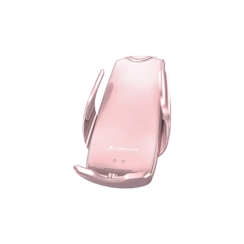 Der HandyOase Unisersal Wirless Kfz-Simple Fast 10W ist ein rosa Smartphone-Halter mit einem eleganten Metallic-Finish, gebogenen Seitengriffen und magnetischer Halterung, der aufrecht stehend auf einem weißen Hintergrund abgebildet ist.