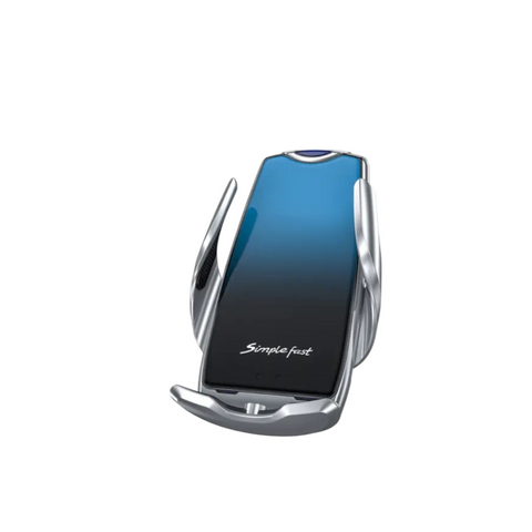 Ein Smartphone mit blauem Farbverlaufsbildschirm ruht auf der metallischen, klauenförmigen HandyOase Unisersal Wirless Kfz-Simple Fast 10W-Halterung, die als kabelloses Ladegerät fungiert.