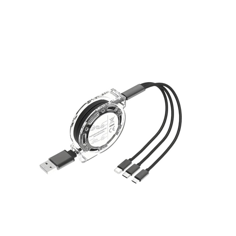 Das HandyOase 3-in-1 Ausziehbares USB-Kabel mit USB-C, Lightning und Micro-USB Steckern eignet sich ideal zum Laden und zur Daten-Synchronisation – weißer Hintergrund.