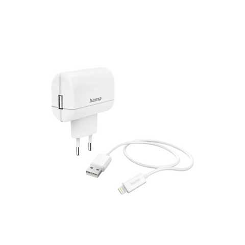 Das Hama 12W Fast Ladeset mit 1,0m USB-A-zu-Lightning-Kabel (Weiß) von HandyOase wird auf weißem Hintergrund präsentiert.