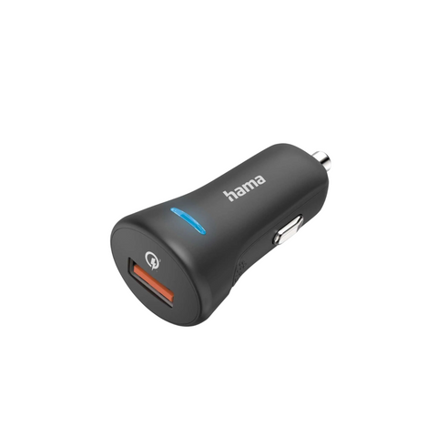 Das HandyOase Hama 19,5 W Kfz Turbo-Schnellladegerät (Schwarz) USB-A verfügt über einen orangefarbenen USB-A-Anschluss, eine blaue LED-Anzeige und ein kompaktes Design für Zigarettenanzünderbuchsen in Fahrzeugen.