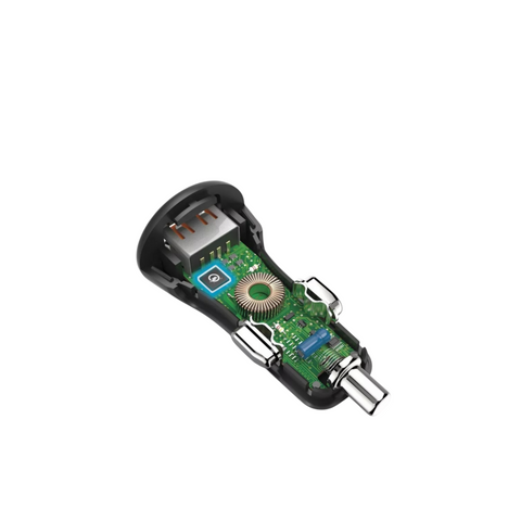 Ein teilweise transparentes Hama 19,5-W-Kfz-Turbo-Schnellladegerät (Schwarz) USB-A von HandyOase gibt den Blick auf seine internen elektronischen Komponenten, die Platine, die Spule und den USB-A-Anschluss frei.