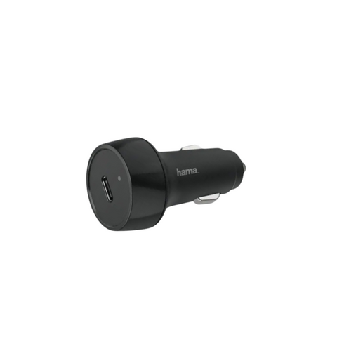 Das HandyOase Hama 18W Turbo Fast Kfz Ladegerät (Schwarz) USB-C, ideal für schnelles Laden, verfügt über einen einzigen USB-C-Anschluss und wird isoliert auf weißem Hintergrund dargestellt.