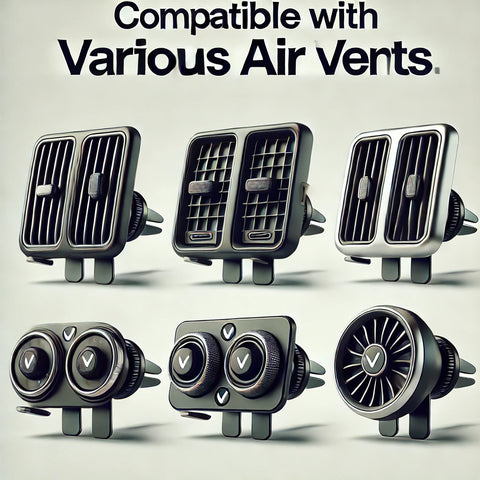 Sechs verschiedene Autolüftungsstile zeigen, dass die HandyOase Unisersal Wireless Kfz-Simple Fast 10W Magnet-Halterung mit diversen Lüftungstypen kompatibel ist.