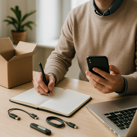 Person sitzt an einem Schreibtisch und schreibt in ein Notizbuch. Sie hält ein Smartphone in der Hand und hat in der Nähe einen Laptop, einen USB-Hub, Kabel und einen offenen Karton.