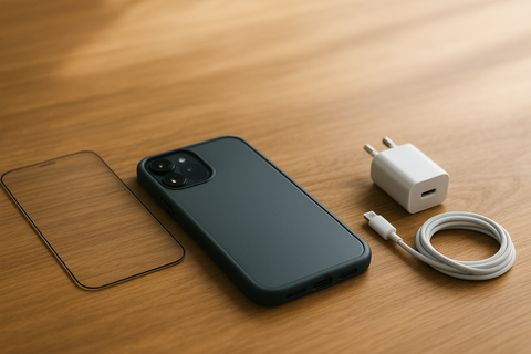 Ein Smartphone mit einer schwarzen Hülle, einer Displayschutzfolie, einem weißen USB-Ladeadapter und einem USB-C-auf-Lightning-Kabel auf einer Holzoberfläche.