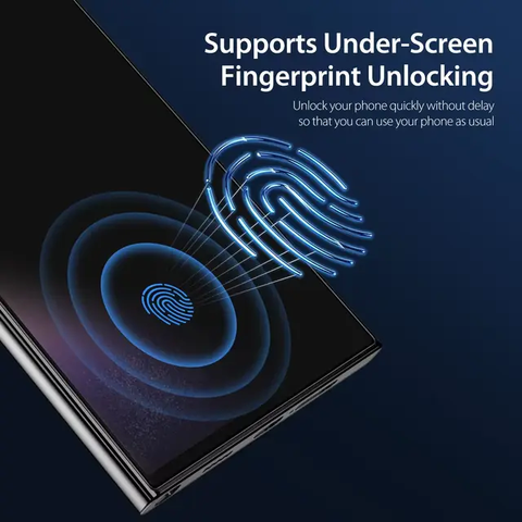 Ein Samsung Galaxy zeigt das HandyOase Panzerglas Privacy 3er-Set mit entsperrbarem Fingerabdruck und Datenschutz-Schutz auf robustem gehärtetem Glas.
