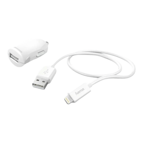 Das HandyOase Hama 12W Fast KFZ Ladeset (Weiß) USB-A-LIGHTNING, abgebildet auf weißem Hintergrund, ist das ideale tragbare Ladegerät für Ihre Autofahrten.