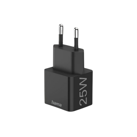 Ein Hama 25W Schnellladegerät (Schwarz) von HandyOase mit USB-C Anschluss und zwei runden Steckern wird vor weißem Hintergrund präsentiert.
