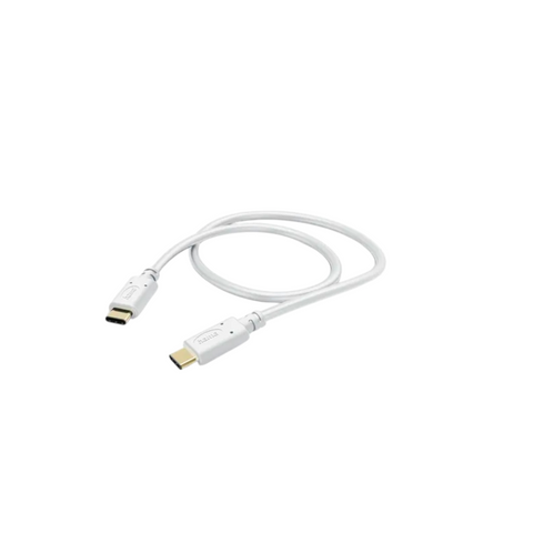 Das Hama Schnellladekabel von HandyOase, ein 1,5 m langes weißes USB-C-Kabel, ist auf einem schlichten weißen Hintergrund aufgewickelt.