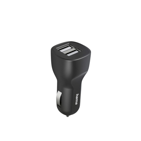 HandyOase Hama 12W Fast Kfz Ladegerät (Schwarz) mit 2xUSB-A, kompaktem Design und silbernem Akzent für schnelles Laden – abgebildet vor weißem Hintergrund.