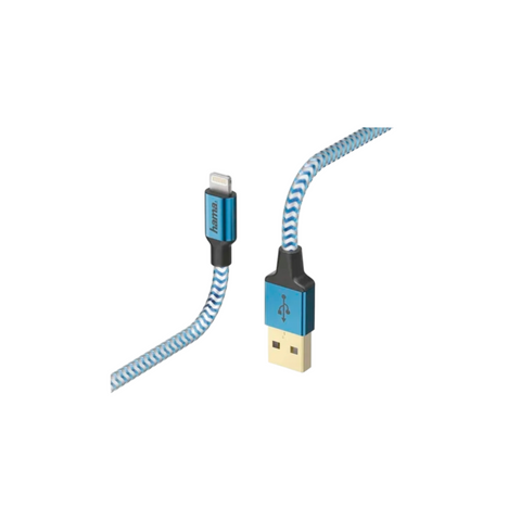 Das HandyOase Hama Lade-/Datenkabel 1,5 m (Blau) USB-A-LIGHTNING Reflective verfügt über ein robustes Nylondesign für schnelles Laden und Datenübertragung.